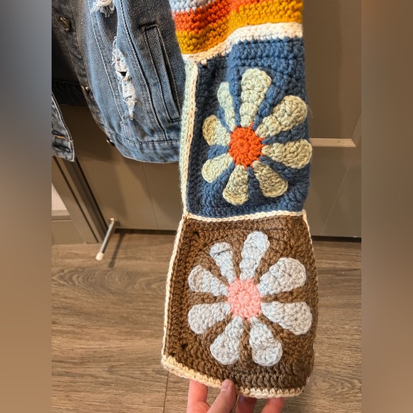 Denim Jacket with Crocheted Granny Square Sleeves- Free People Inspired - Picture 3 of 11